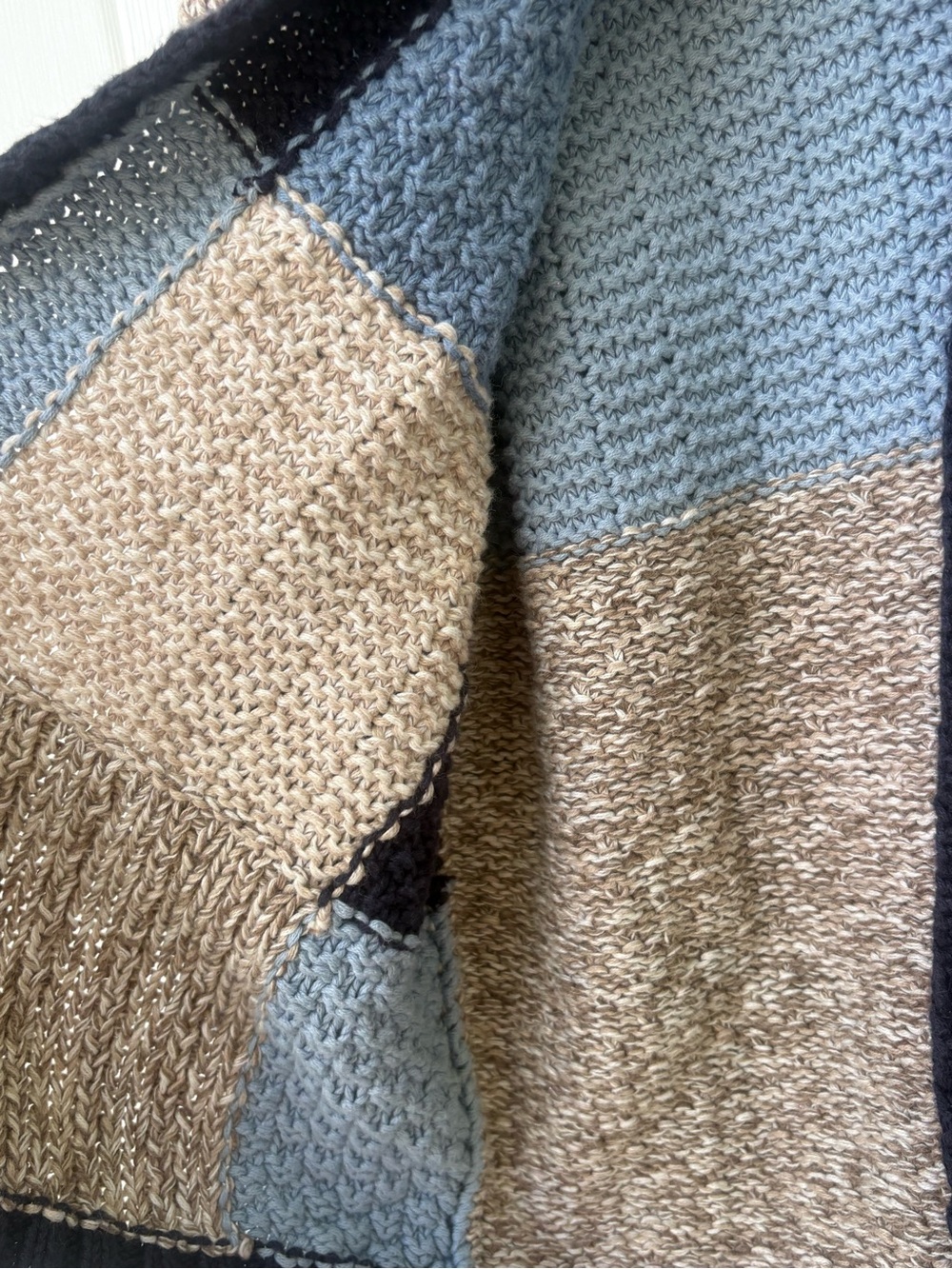 Vintage Chunky Patchwork Knit Colorblock Cardigan Sweater Blue Beige Boho - Picture 6 of 9